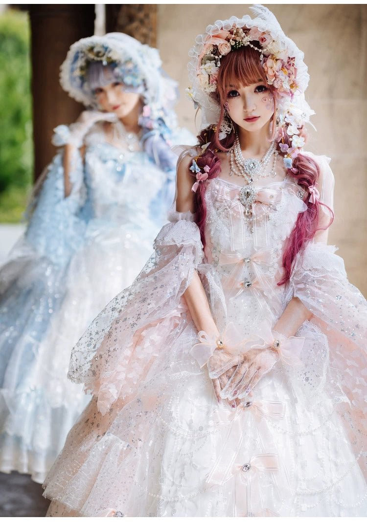 Tea Party Fashion Hime Lolita Pink Blue Gorgeous Floral Party Lolita Long Lace Layered JSK