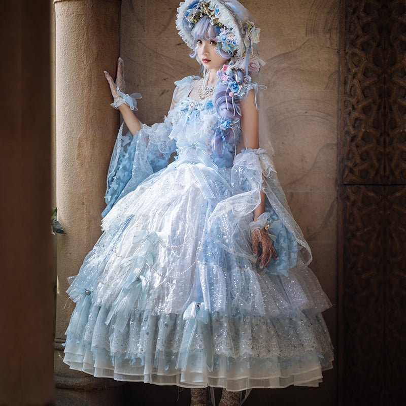 Tea Party Fashion Hime Lolita Pink Blue Gorgeous Floral Party Lolita Long Lace Layered JSK