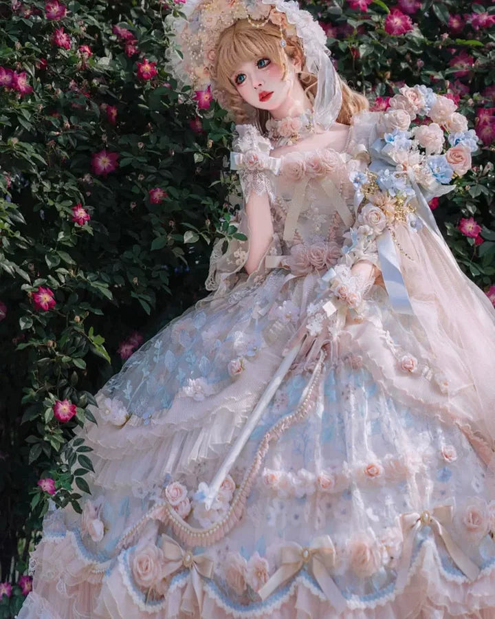 Hime Lolita Tea Party Fashion Pink Rose Gorgeous Pink Blue Flower Maxi Dress Plus Size