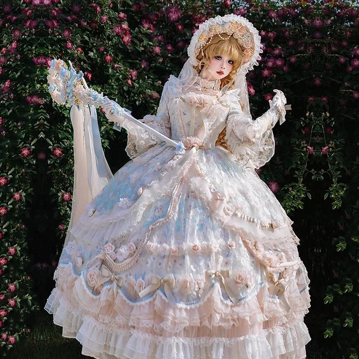 Hime Lolita Tea Party Fashion Pink Rose Gorgeous Pink Blue Flower Maxi Dress Plus Size