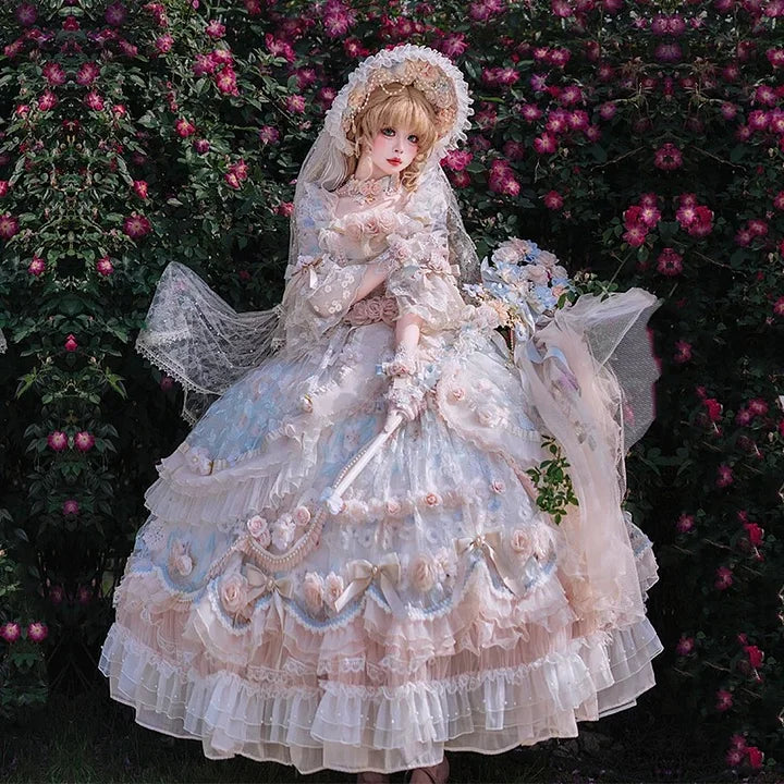Hime Lolita Tea Party Fashion Pink Rose Gorgeous Pink Blue Flower Maxi Dress Plus Size