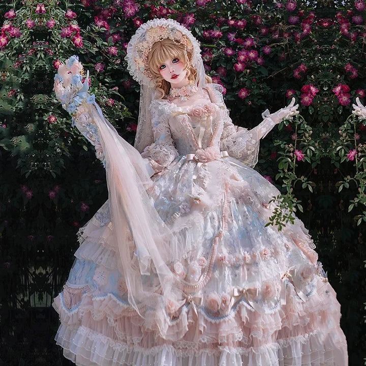Hime Lolita Tea Party Fashion Pink Rose Gorgeous Pink Blue Flower Maxi Dress Plus Size