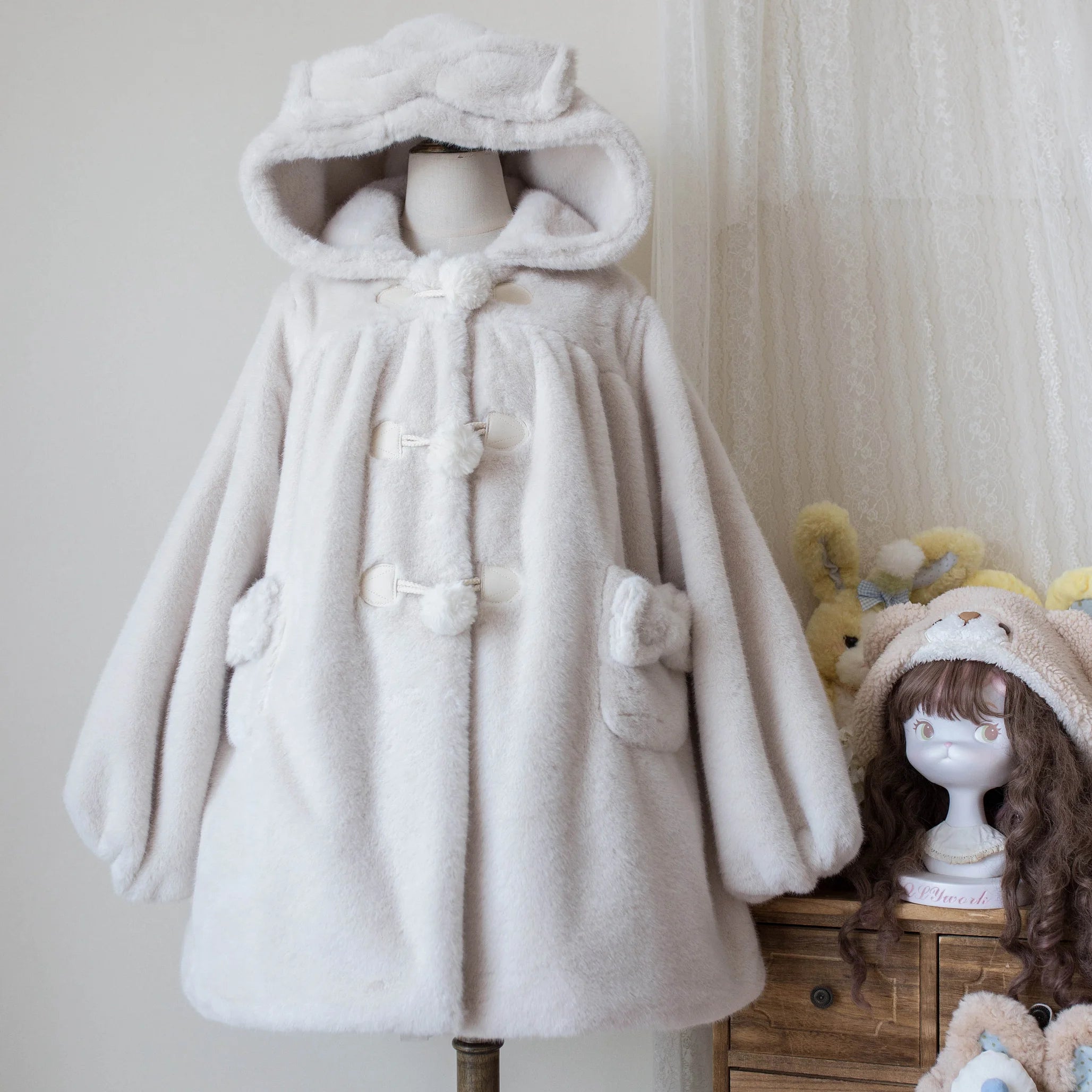 Thickened Autumn and Winter Hooded Mink Fleece Jacket Lolita Plush Jacket Loose Coat