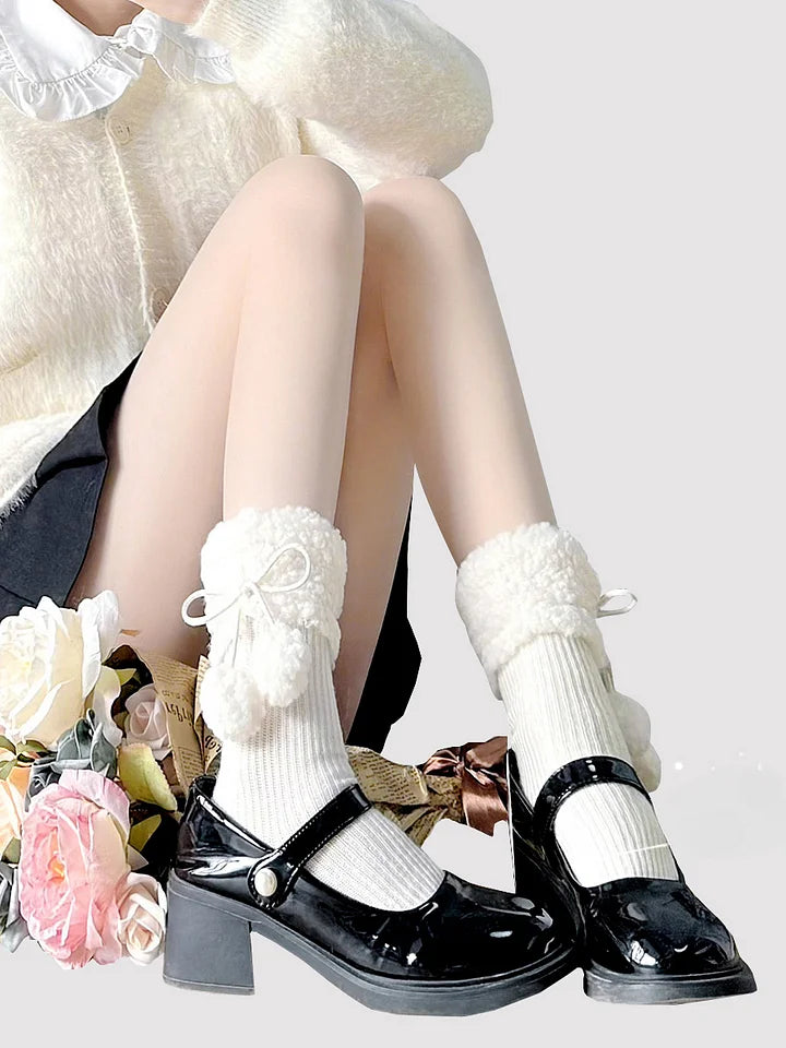 Lolita Stockings Thickened Lamb Rough Edge Tube Socks Milk White Pompom Accessories