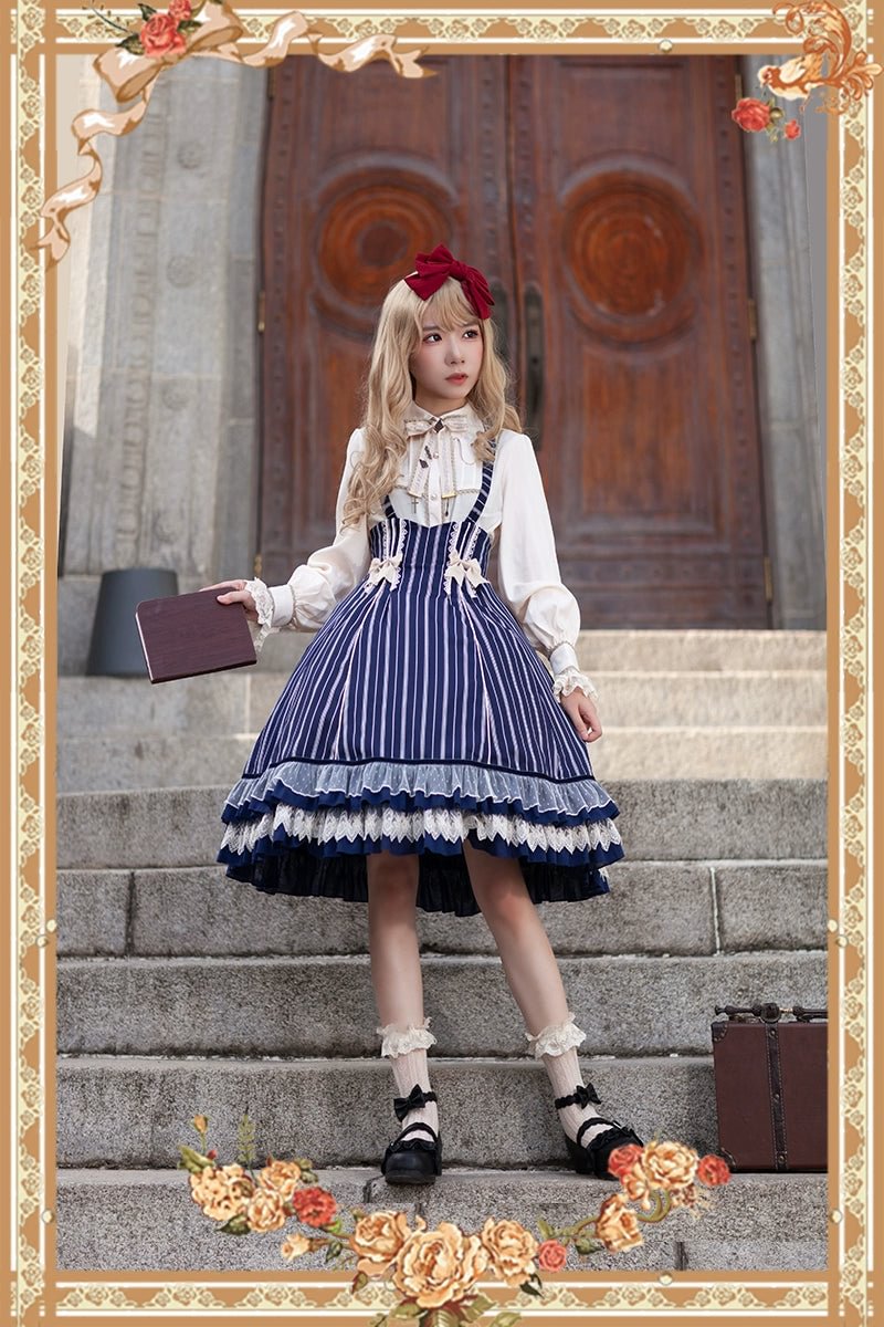 Victorian Lolita Dress Blue Classic Vintage Stripe Lolita JSK Cape Lolita Coats Dress