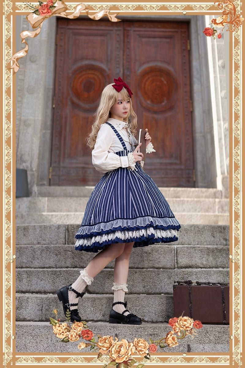 Victorian Lolita Dress Blue Classic Vintage Stripe Lolita JSK Cape Lolita Coats Dress