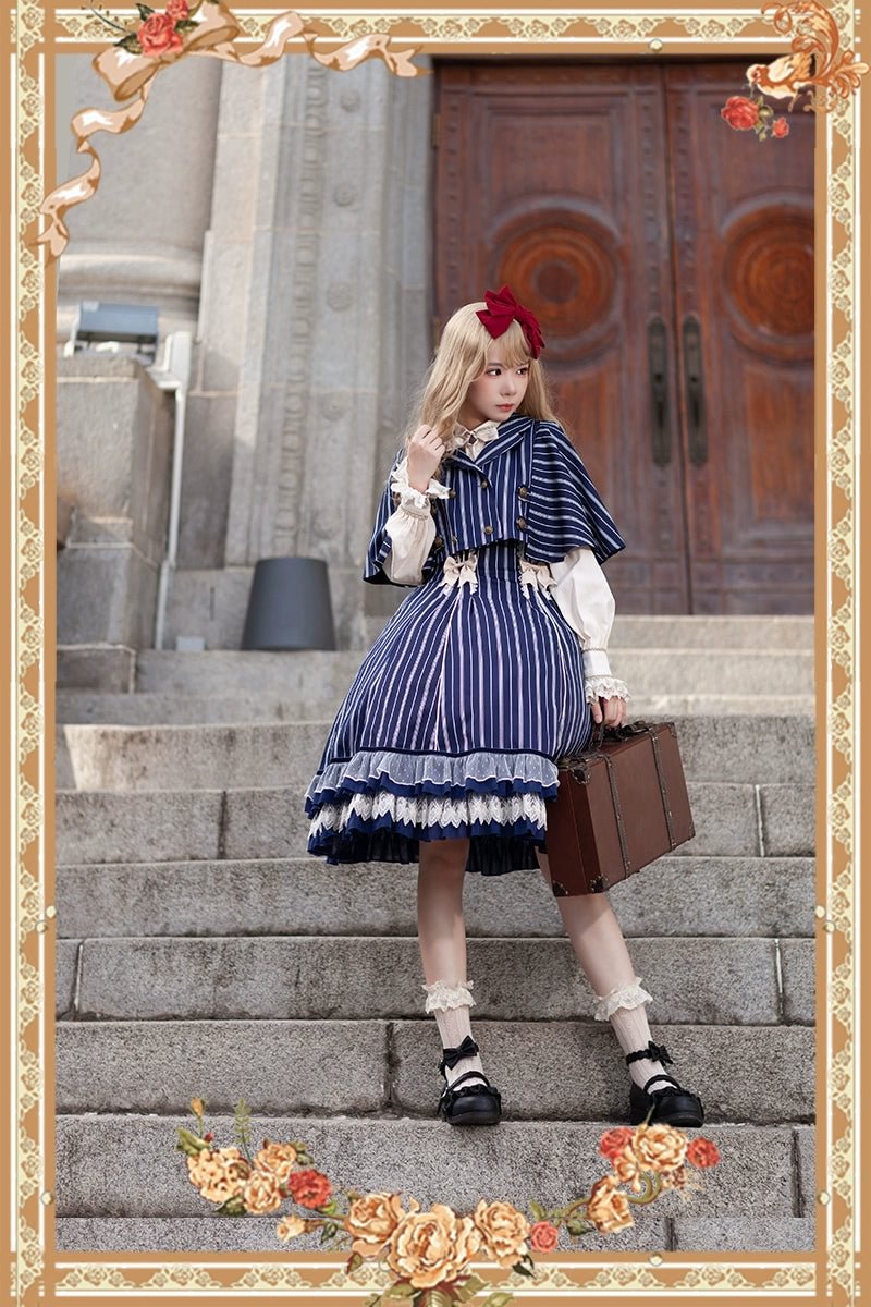 Victorian Lolita Dress Blue Classic Vintage Stripe Lolita JSK Cape Lolita Coats Dress