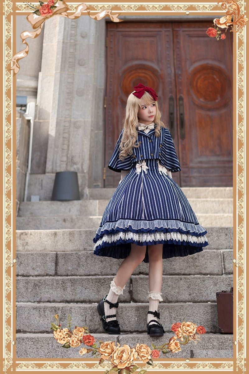 Victorian Lolita Dress Blue Classic Vintage Stripe Lolita JSK Cape Lolita Coats Dress