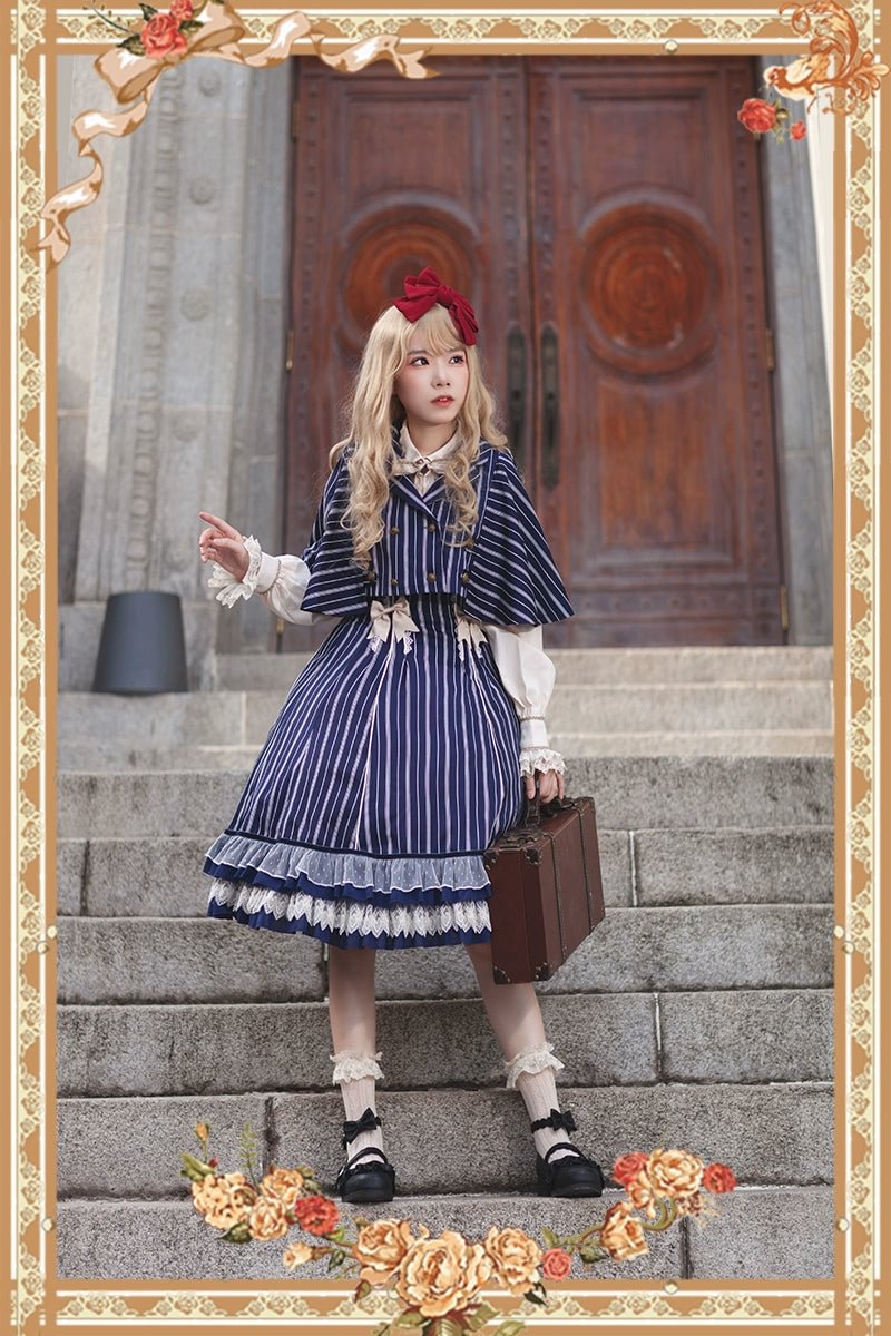 Victorian Lolita Dress Blue Classic Vintage Stripe Lolita JSK Cape Lolita Coats Dress