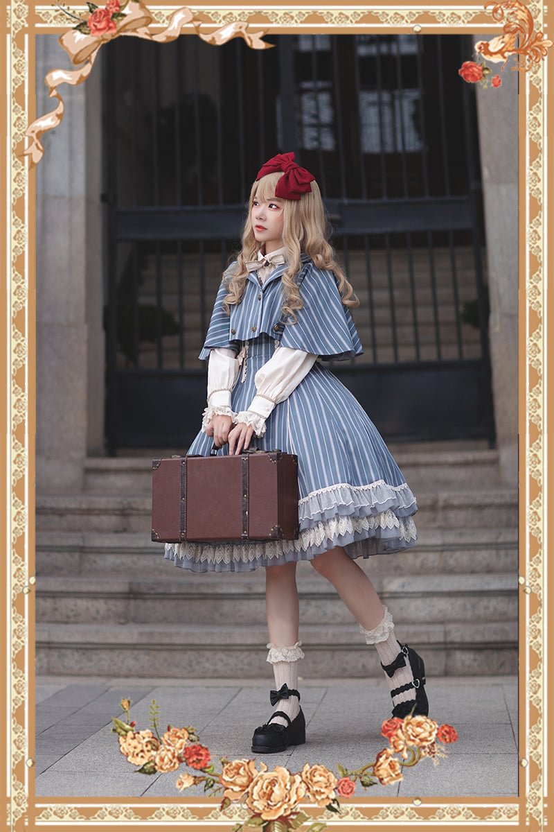 Victorian Lolita Dress Blue Classic Vintage Stripe Lolita JSK Cape Lolita Coats Dress