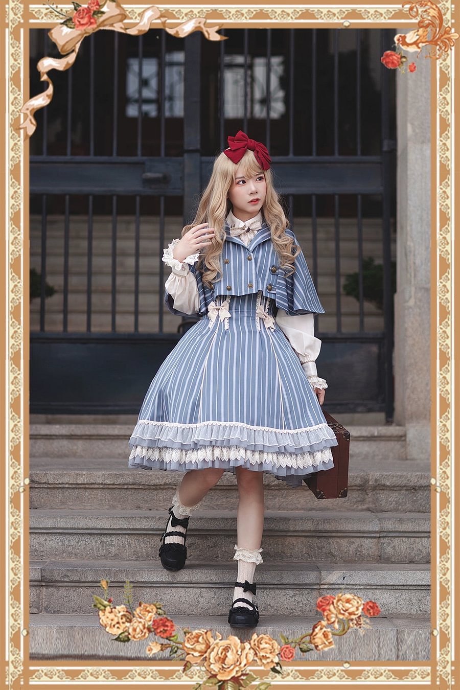 Victorian Lolita Dress Blue Classic Vintage Stripe Lolita JSK Cape Lolita Coats Dress