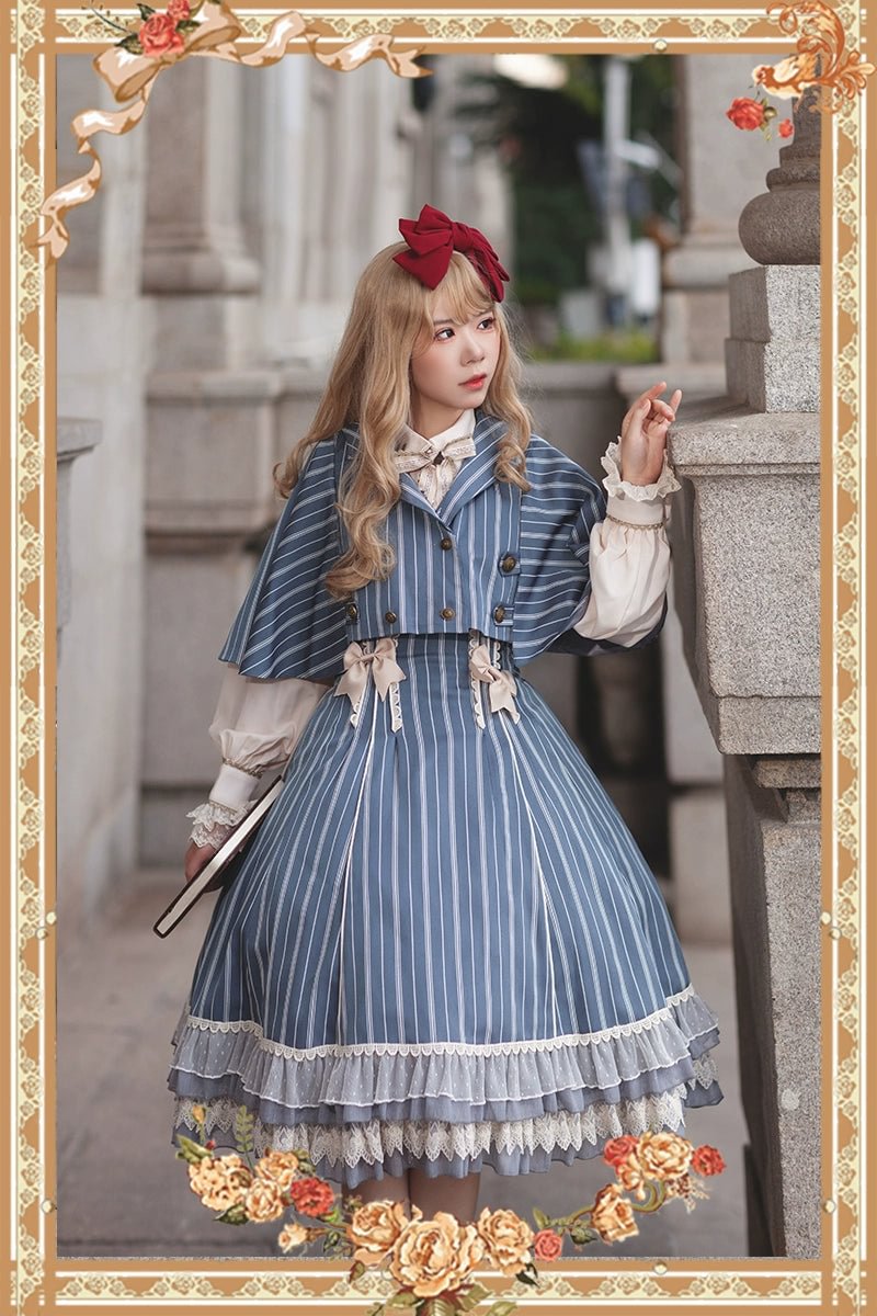 Victorian Lolita Dress Blue Classic Vintage Stripe Lolita JSK Cape Lolita Coats Dress