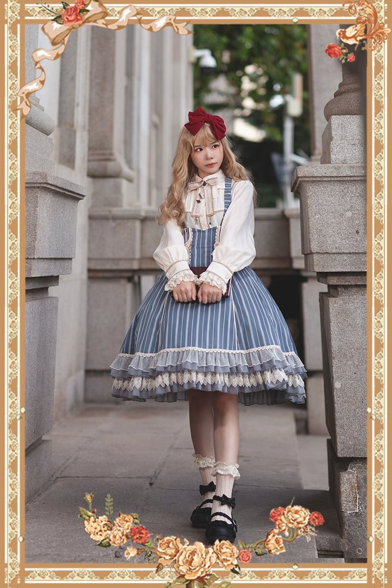 Victorian Lolita Dress Blue Classic Vintage Stripe Lolita JSK Cape Lolita Coats Dress