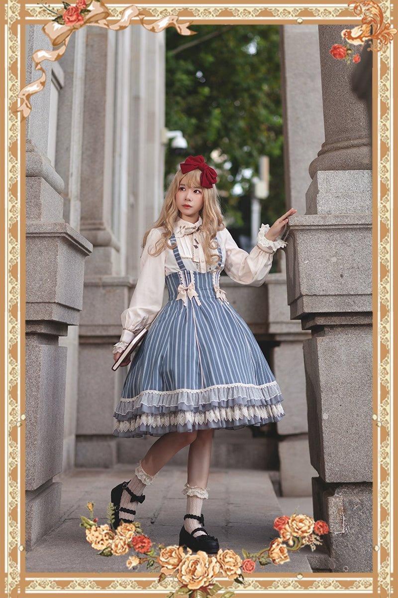 Victorian Lolita Dress Blue Classic Vintage Stripe Lolita JSK Cape Lolita Coats Dress