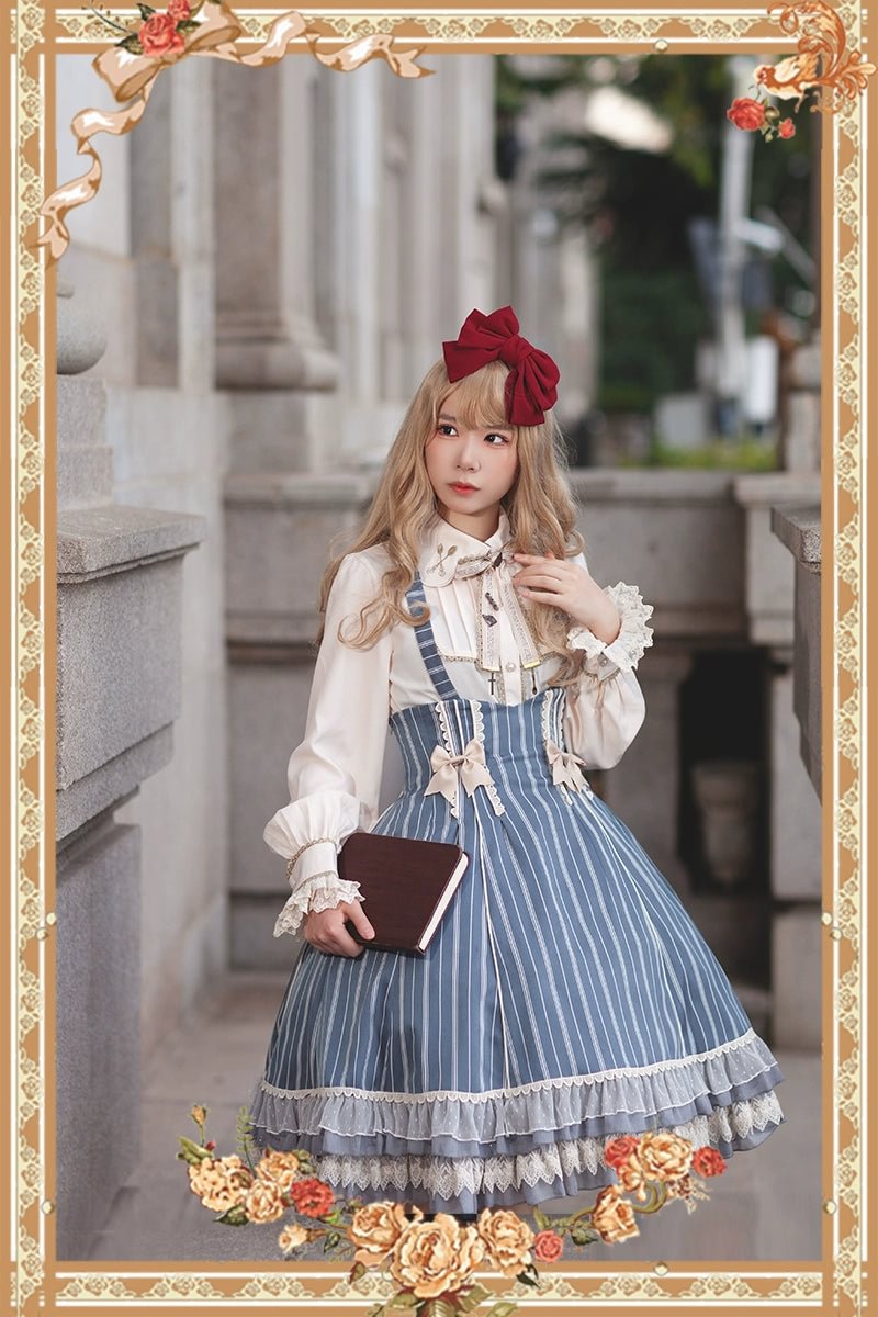 Victorian Lolita Dress Blue Classic Vintage Stripe Lolita JSK Cape Lolita Coats Dress