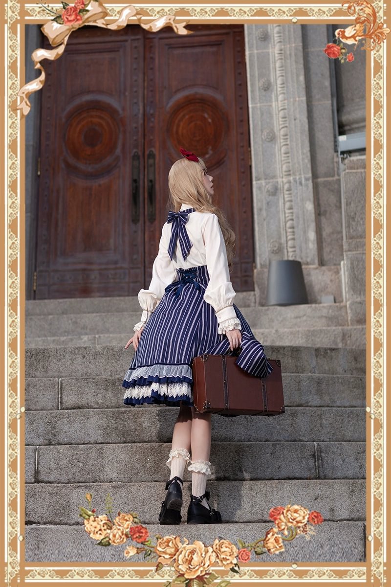 Victorian Lolita Dress Blue Classic Vintage Stripe Lolita JSK Cape Lolita Coats Dress