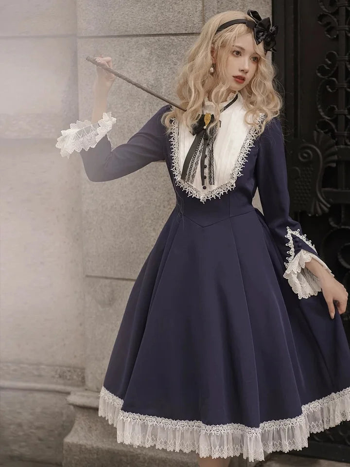 Classic Lolita Vintage Hepburn Style Autumn Elegant Dress Red Green Black OP Long Sleeve