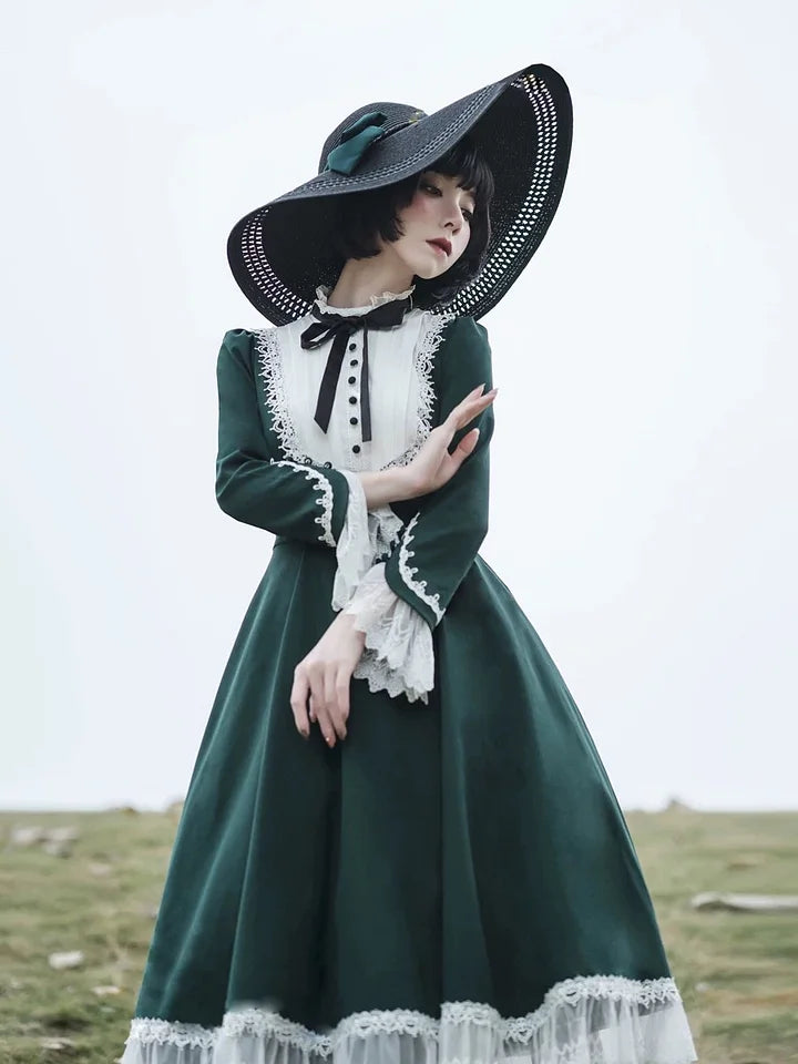 Classic Lolita Vintage Hepburn Style Autumn Elegant Dress Red Green Black OP Long Sleeve
