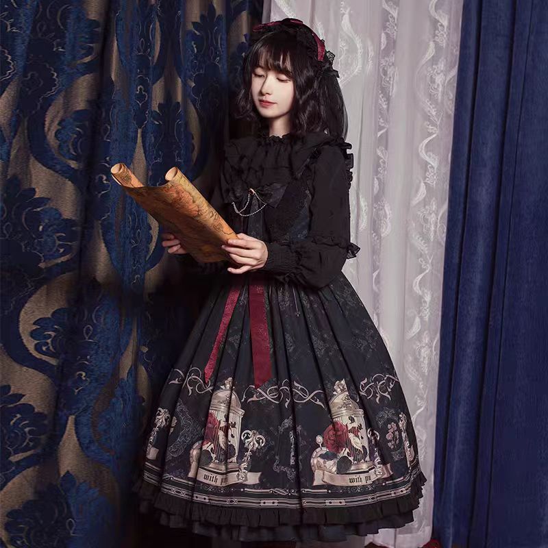 Gothic Lolita Black Nightingale and Rose Suspender Dress