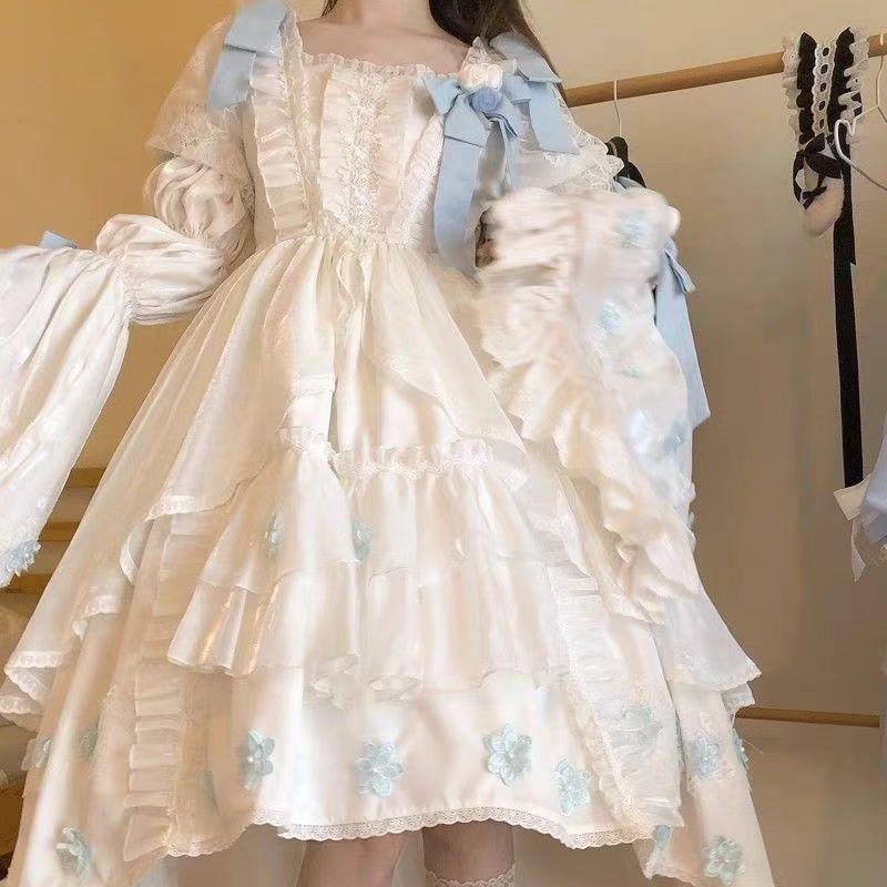 Sweet Lolita Blue and White Bow Long Sleeves Cute Princess Dress