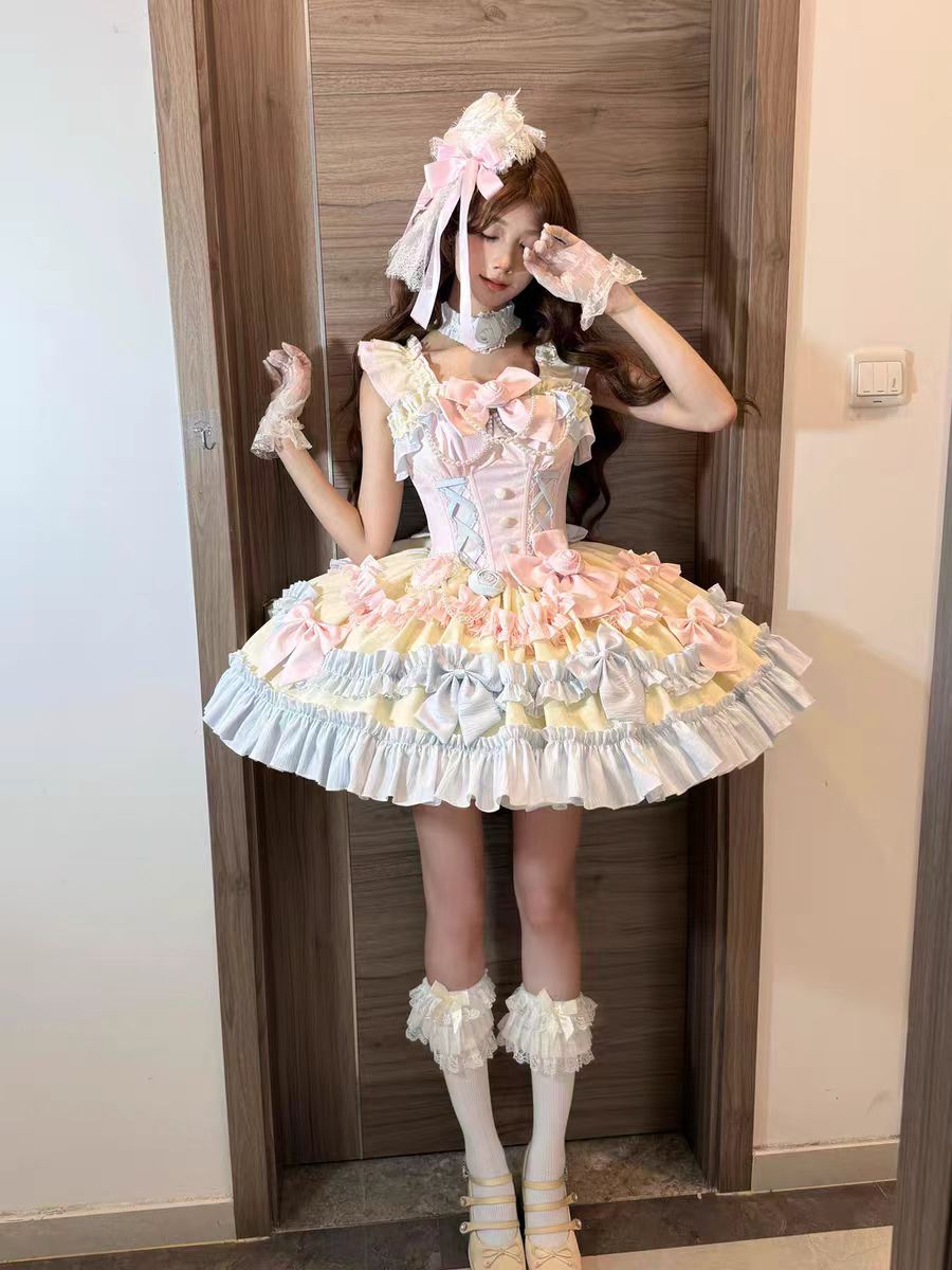 Gradual Change Hime Candy Color Lolita Tea Party Fashion Lavender Bow Ruffled Dress