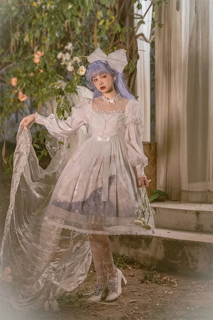 Hime Lolita White Crepe Elegant Long Sleeved Dress Wedding Dresses OP