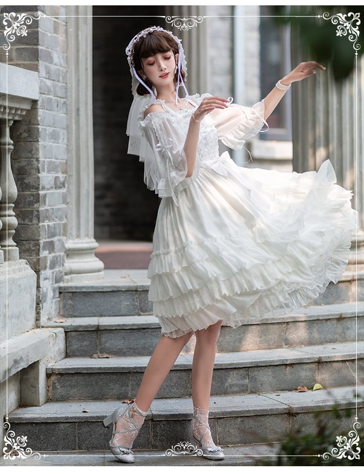 Hime Lolita White Elegant Flower Wedding Layer Gorgeous Dress