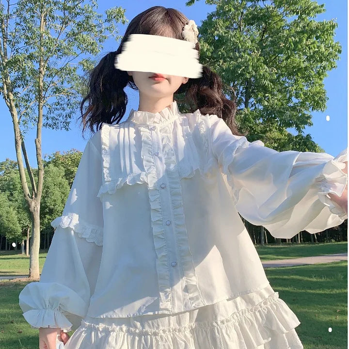 White Long Sleeve Doll Collar Ruffle Shirt Spring Lolita Innerwear Blouse Shirt