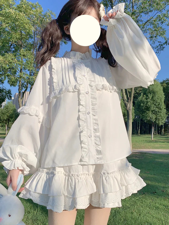 White Long Sleeve Doll Collar Ruffle Shirt Spring Lolita Innerwear Blouse Shirt