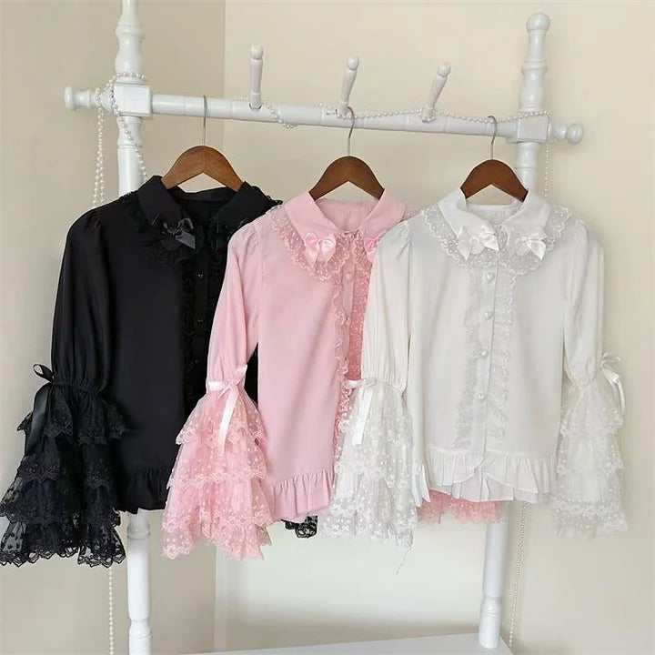 White Pink Black Sweet Cute Lace Girls Long Sleeve Lolita Blouse Shirt