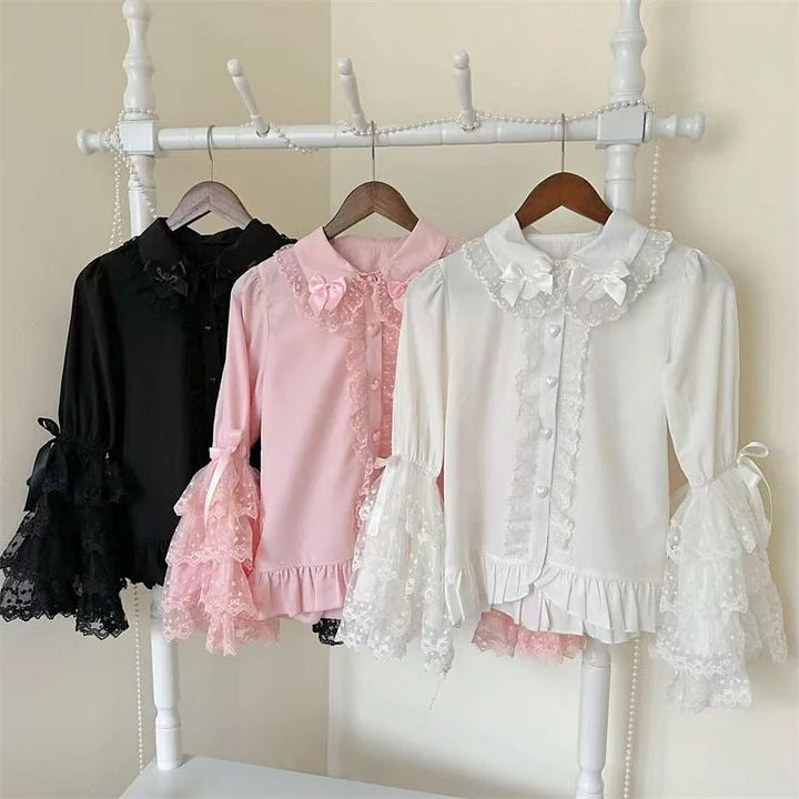 White Pink Black Sweet Cute Lace Girls Long Sleeve Lolita Blouse Shirt