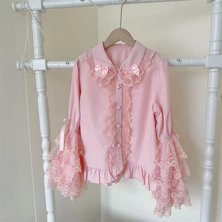White Pink Black Sweet Cute Lace Girls Long Sleeve Lolita Blouse Shirt