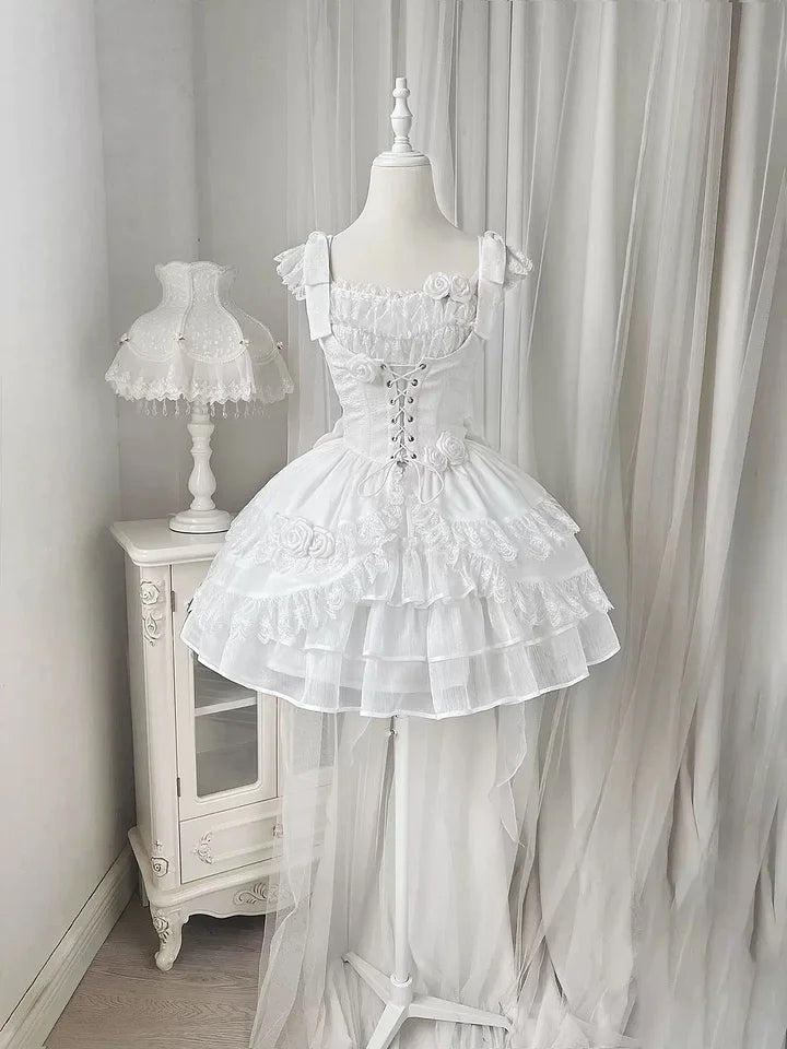 White Rose Wedding Lolita Dress Fairy Princess Dress Ruffles Lace