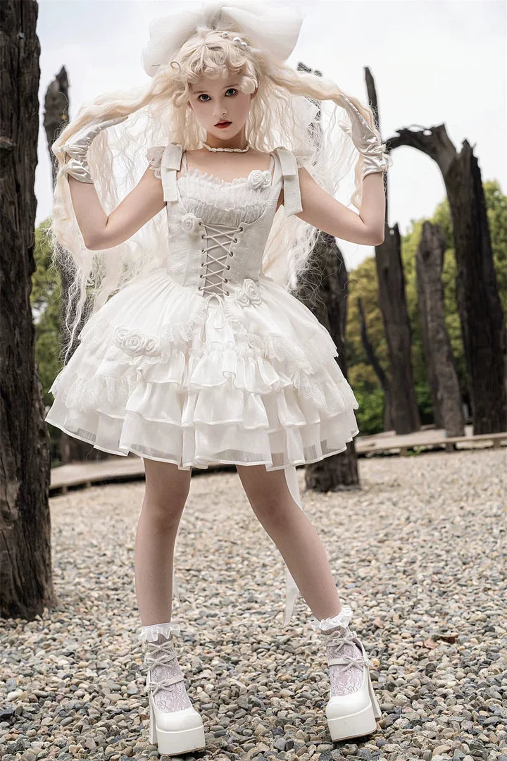 White Rose Wedding Lolita Dress Fairy Princess Dress Ruffles Lace