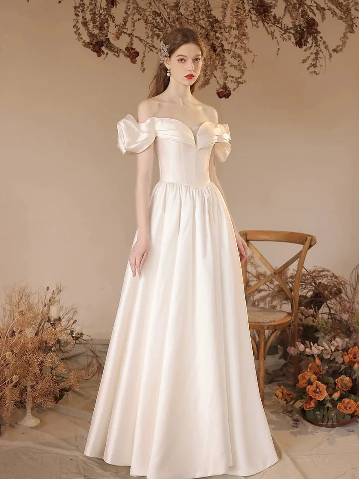 White Satin One Shoulder Wedding Dress Elegant Bridal Ball Gown Princess Dresses