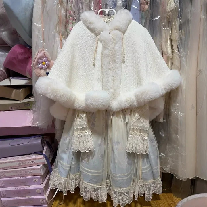 White Solid Color Shawl Cute Lolita Cape Jacket Fall and Winter Models Padded Cape Coat