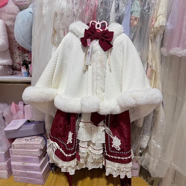 White Solid Color Shawl Cute Lolita Cape Jacket Fall and Winter Models Padded Cape Coat