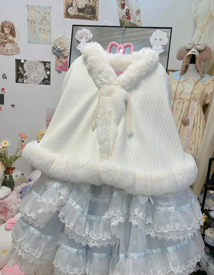 White Solid Color Shawl Cute Lolita Cape Jacket Fall and Winter Models Padded Cape Coat