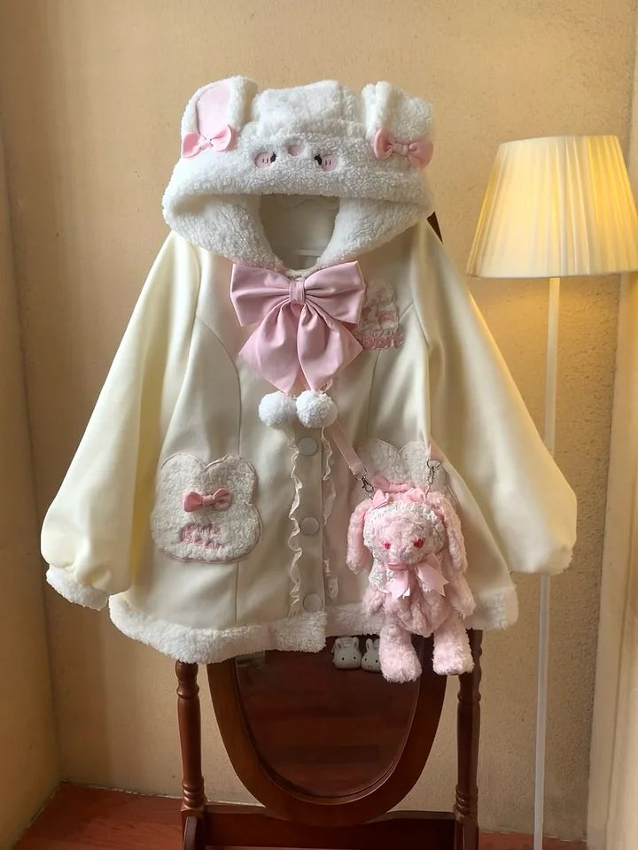 White Winter Plush Warm Coat Lolita Cute Rabbit Ear Cotton Coat Plush Dog Sweet Coat