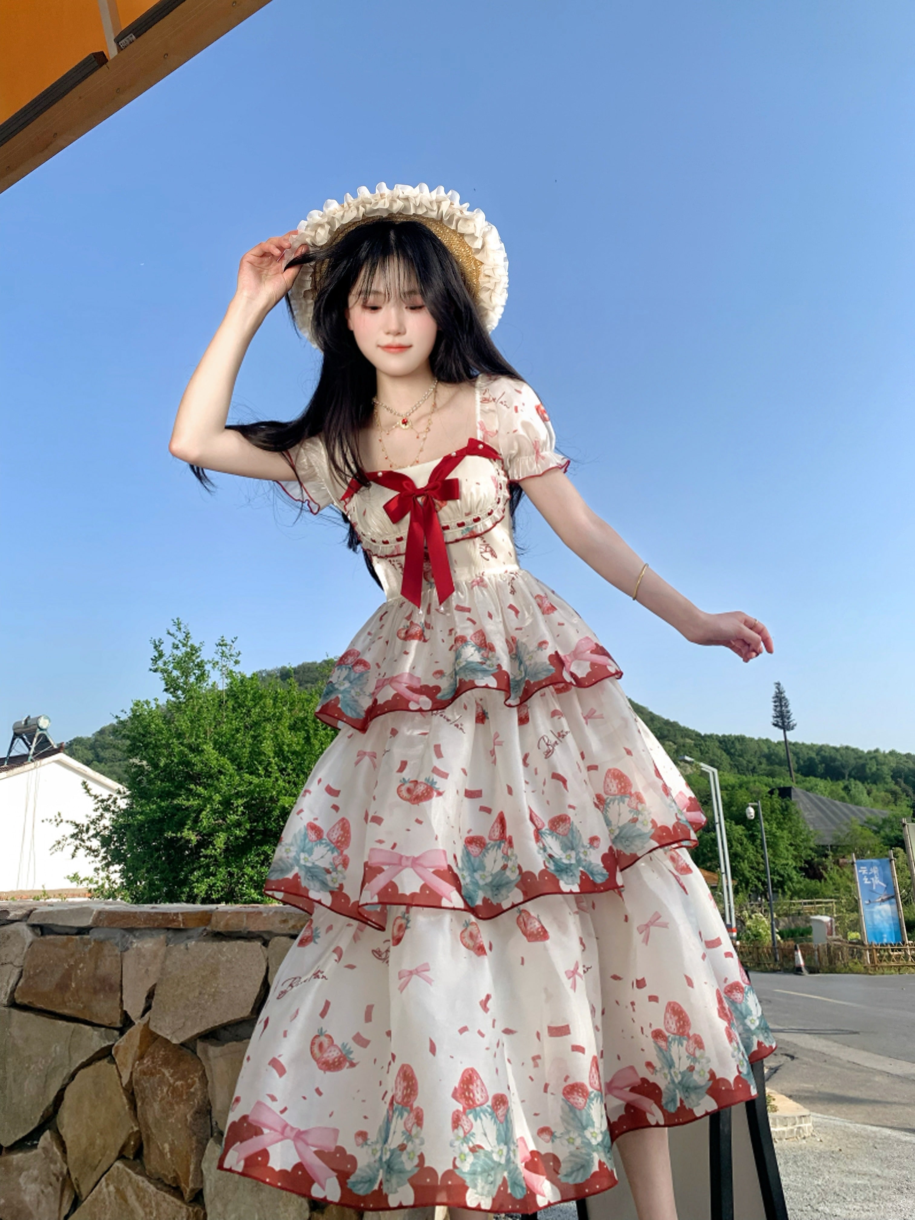 4XL Lolita Dress Plus Size Sweet Lolita Dress with Red Strawberry Print Tiered Skirt One Piece Dress 5XL