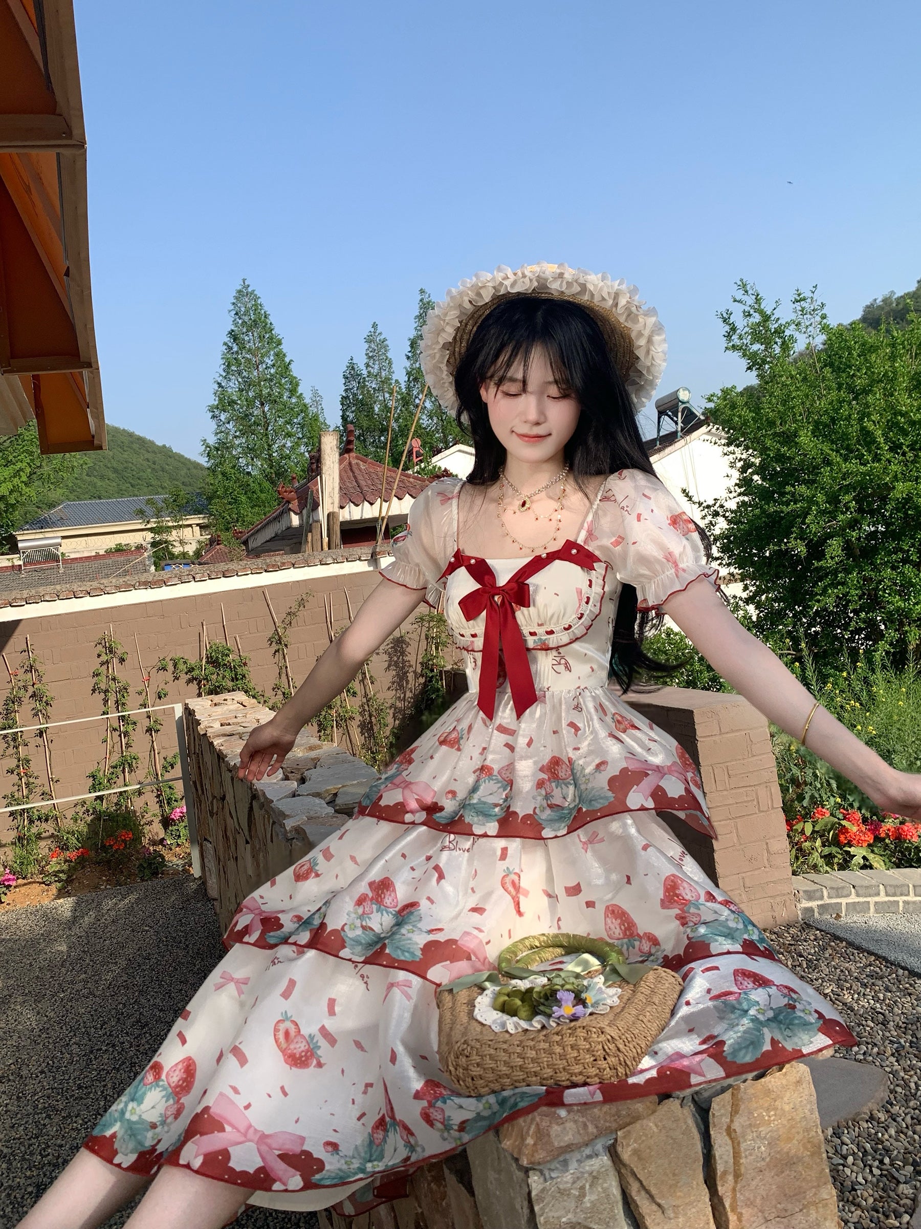 4XL Lolita Dress Plus Size Sweet Lolita Dress with Red Strawberry Print Tiered Skirt One Piece Dress 5XL