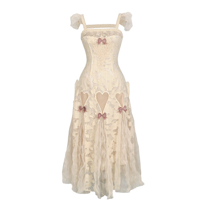 Apricot Gothic Lolita Heart Cutout Lace Dress with Pink Bows Apricot Dress