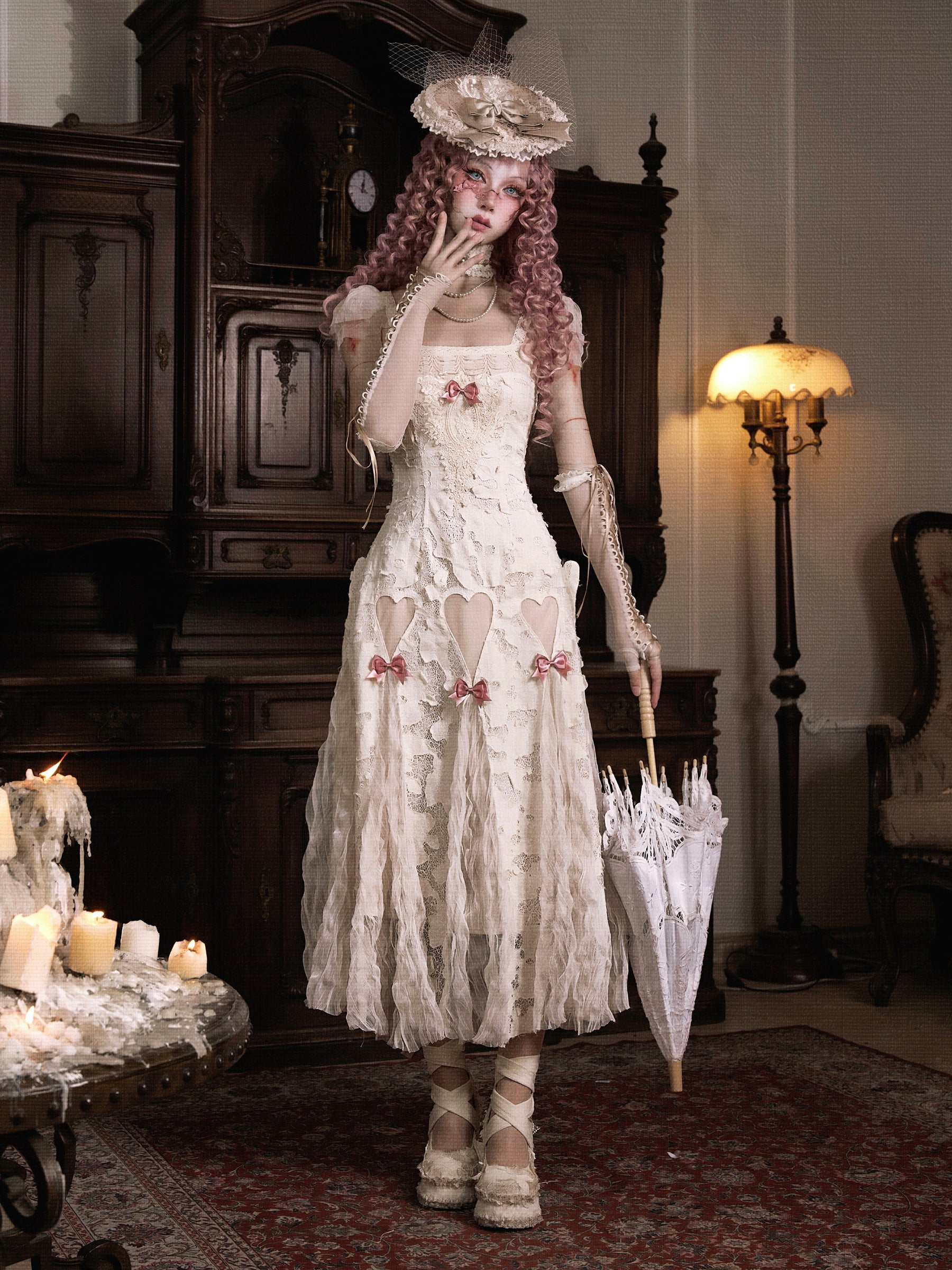 Apricot Gothic Lolita Heart Cutout Lace Dress with Pink Bows Apricot Dress