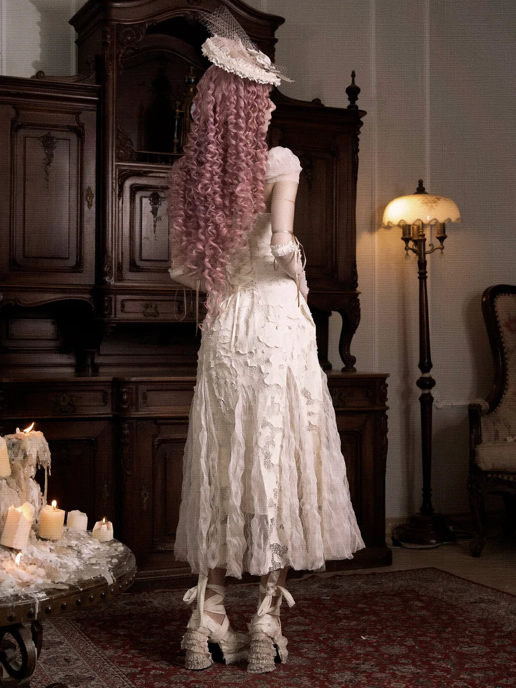 Apricot Gothic Lolita Heart Cutout Lace Dress with Pink Bows Apricot Dress