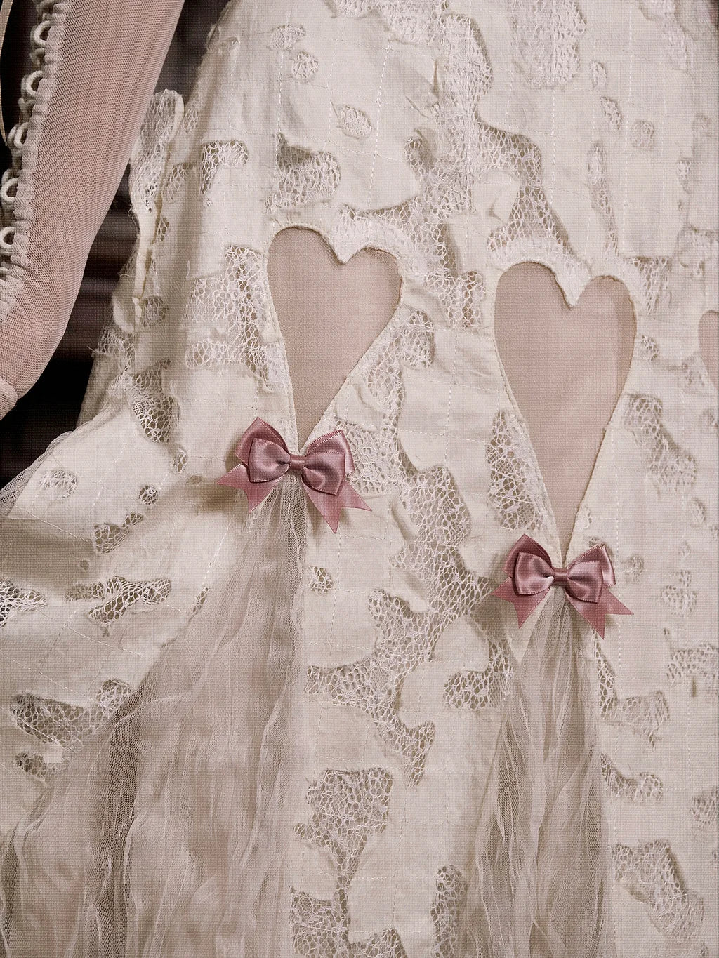 Apricot Gothic Lolita Heart Cutout Lace Dress with Pink Bows Apricot Dress