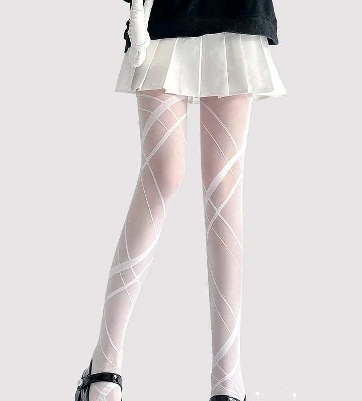 Asymmetrical Striped White Stockings Women's Thin Long Pantyhose Subculture Hot Girl Black Lolita Accessories