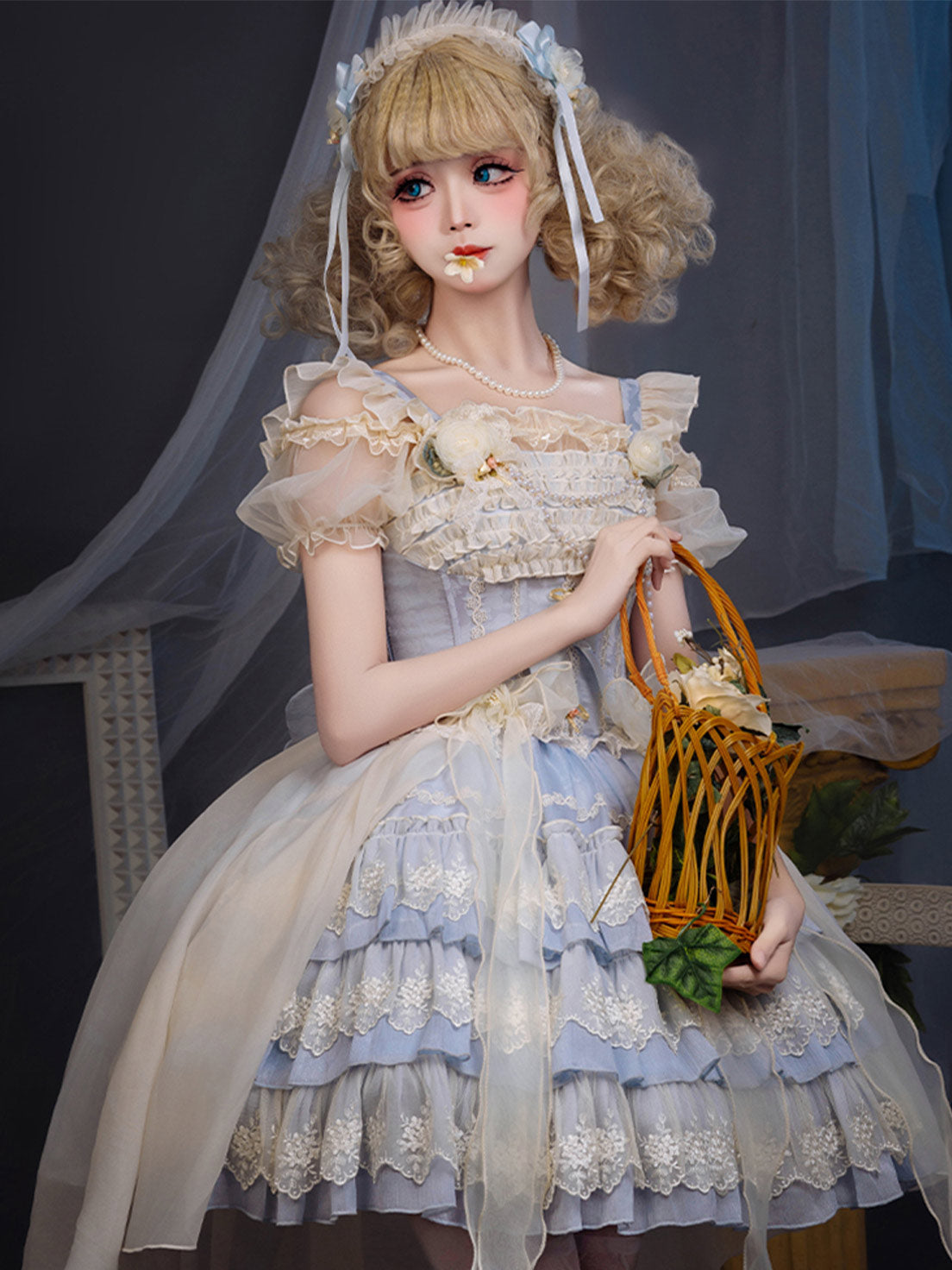 Ballet Cake Dress Hime Lolita Tea Party Fashion Whimsical Light Blue Organza Dress