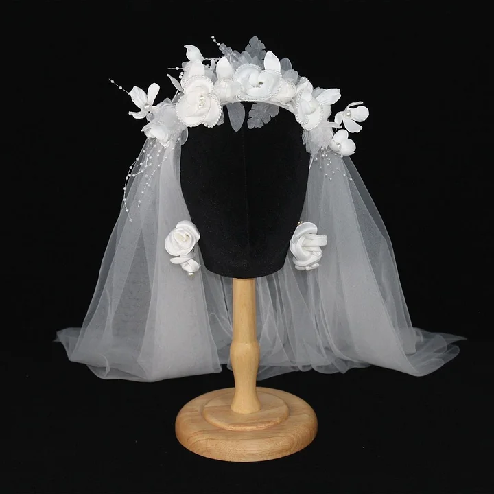 Lolita Hair Accessories White Flowers Bridal Tiara Veil  Headband Headwear for Wedding