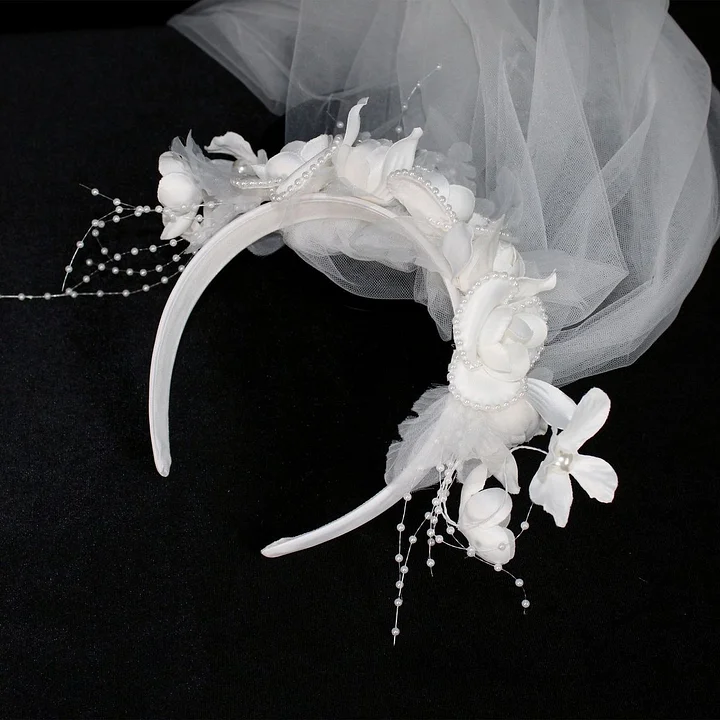 Lolita Hair Accessories White Flowers Bridal Tiara Veil  Headband Headwear for Wedding