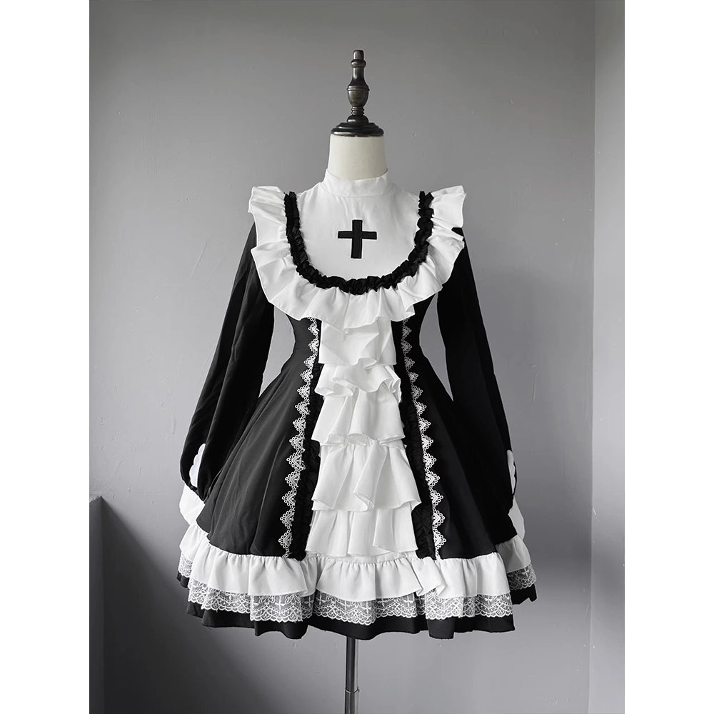 Black and White Goth Nun Style Lolita Dress Tutu Ruffle Cross